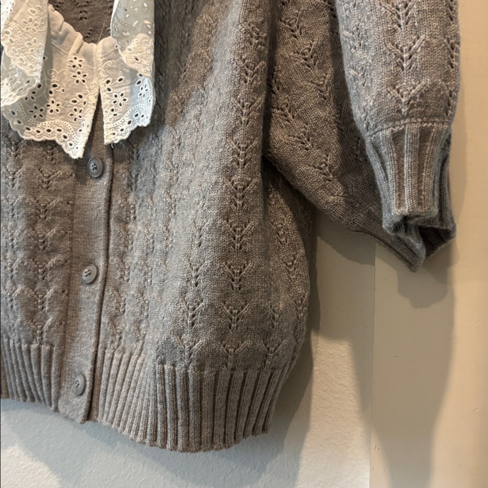 Mable Adley Lace Collar Cardigan Gray Cable Knit Eyelet Collar Large - Picture 6 of 10